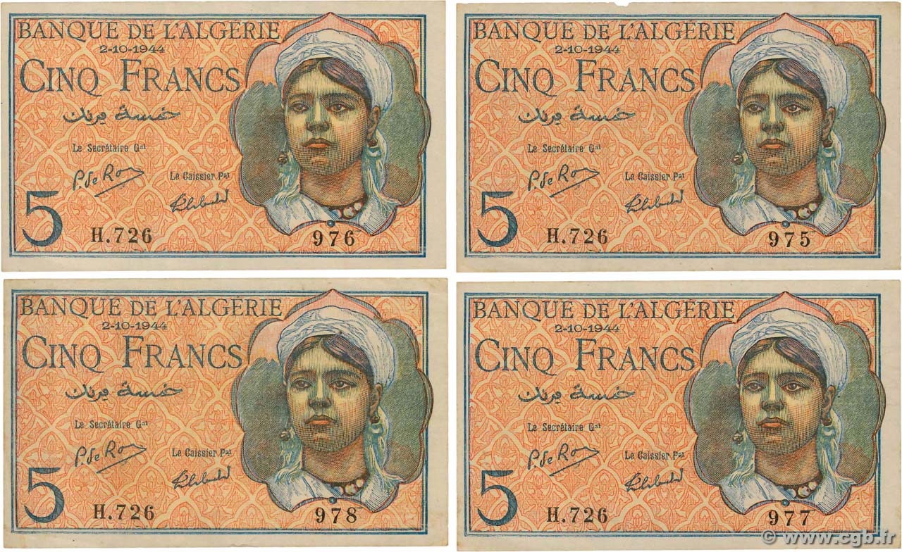 5 Francs Consécutifs ALGERIA  1944 P.094b XF+