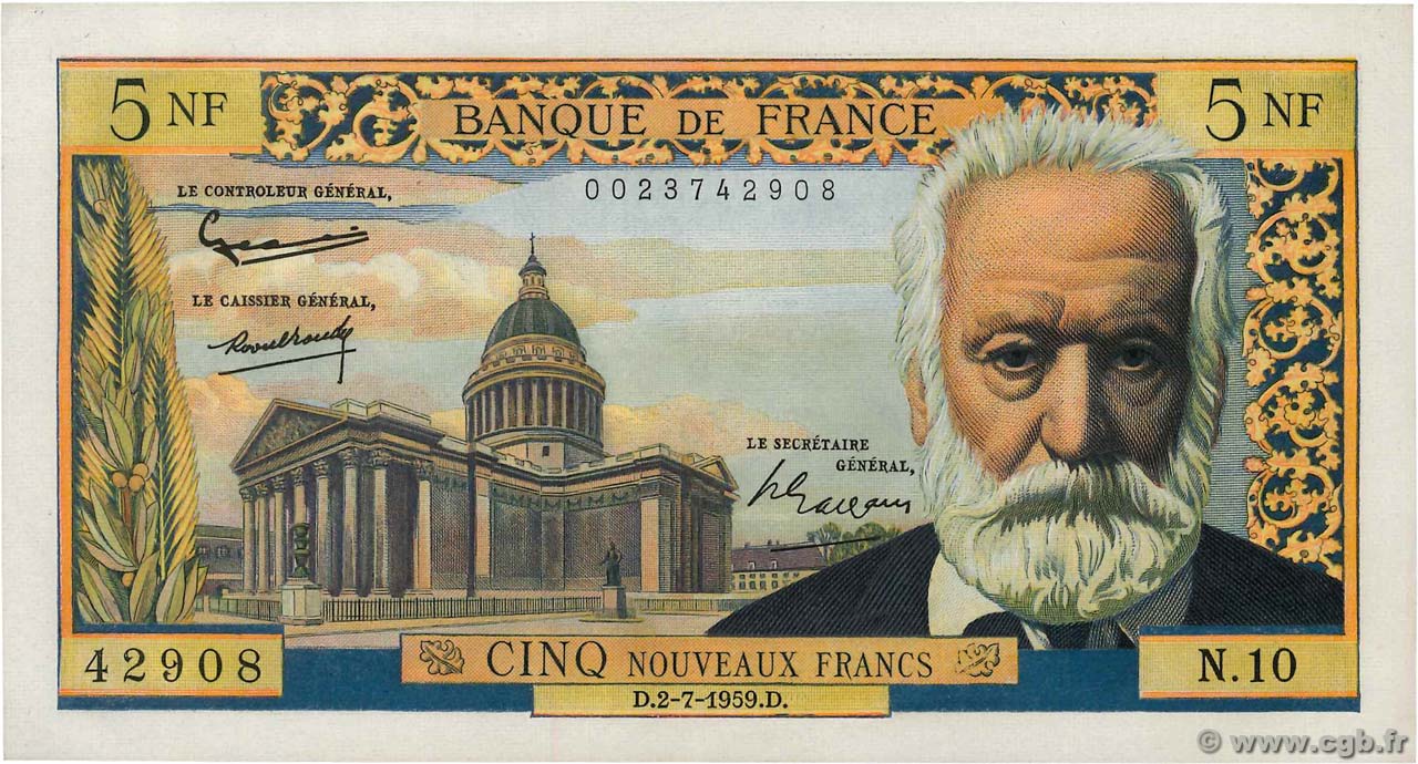 5 Nouveaux Francs VICTOR HUGO FRANCIA  1959 F.56.02 AU+