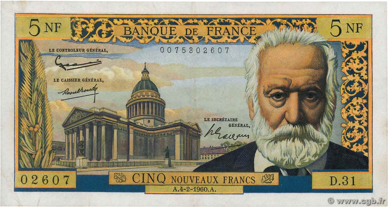 5 Nouveaux Francs VICTOR HUGO FRANCE  1960 F.56.05 SUP+