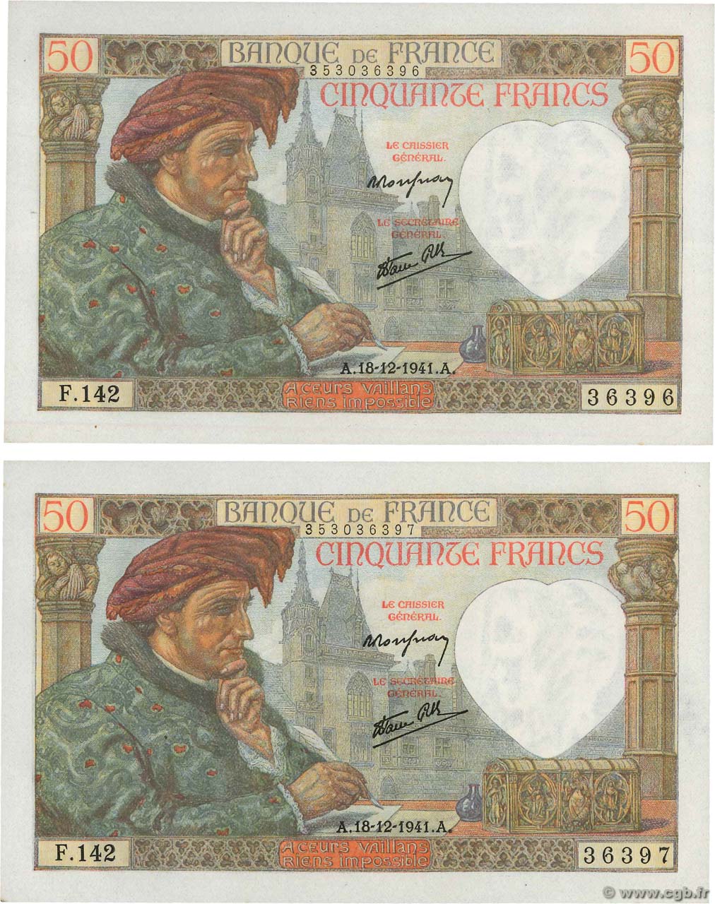 50 Francs JACQUES CŒUR Consécutifs FRANCE  1941 F.19.17 pr.NEUF