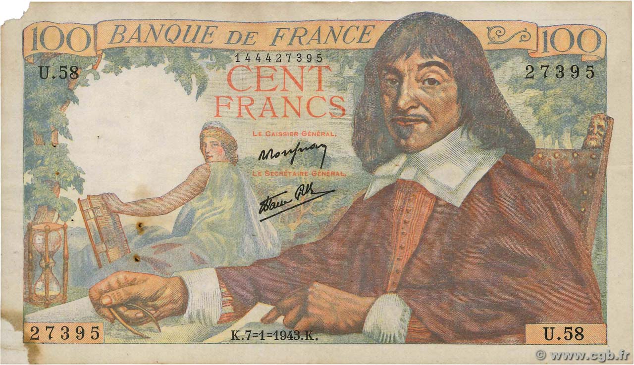 100 Francs DESCARTES FRANCE  1943 F.27.03 VF-