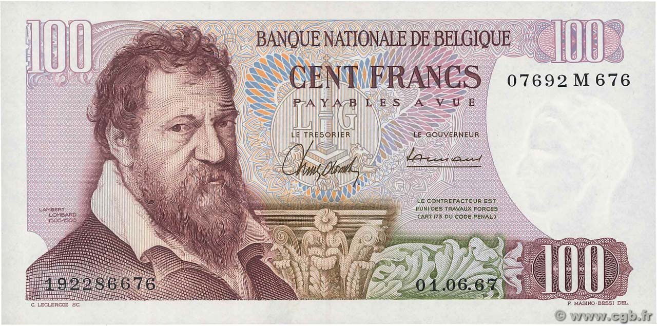 100 Francs BELGIQUE  1967 P.134a NEUF