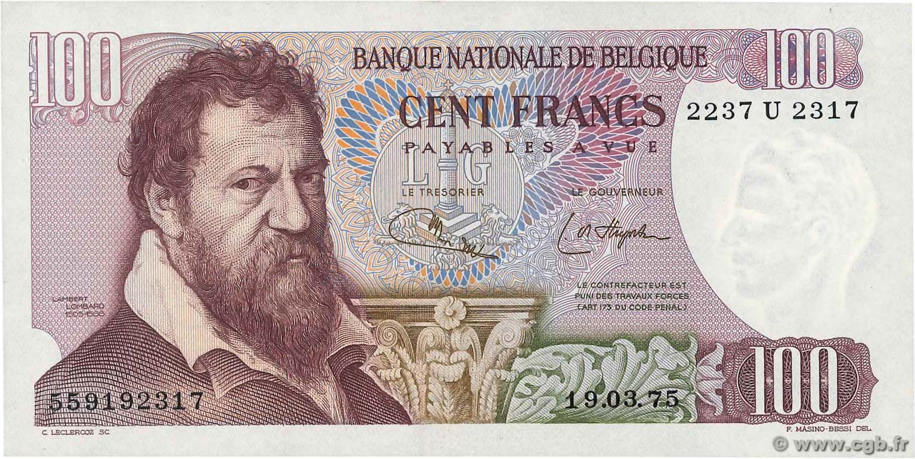 100 Francs BELGIEN  1975 P.134b fST+