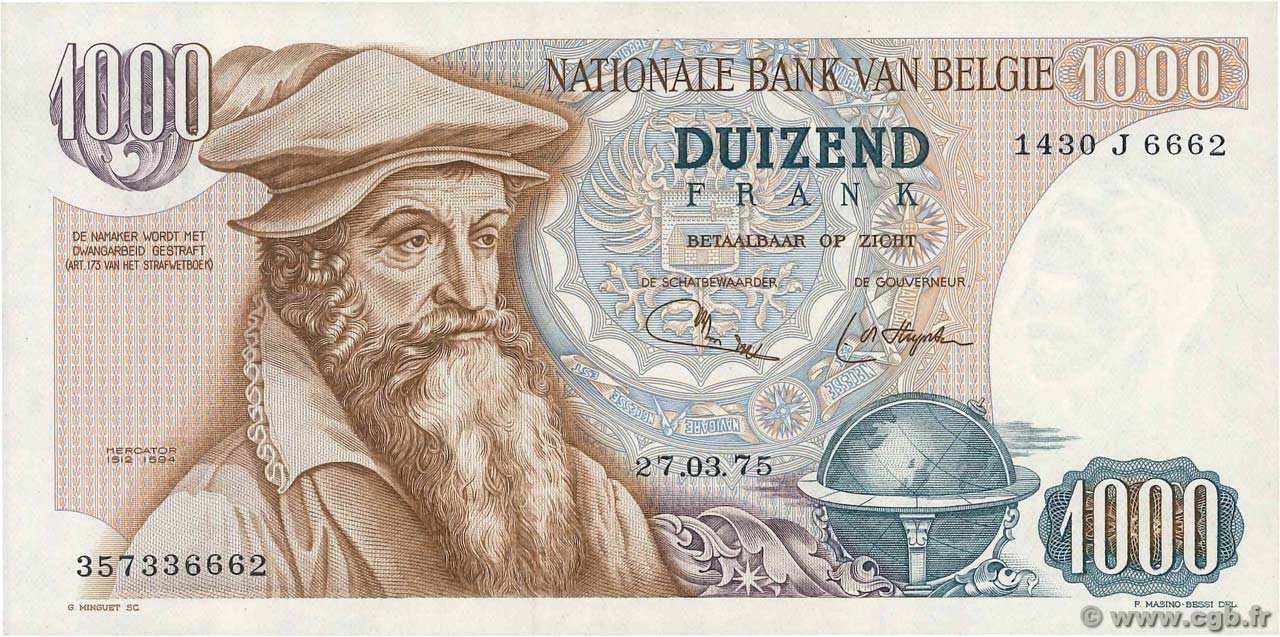 1000 Francs BELGIUM  1975 P.136b UNC