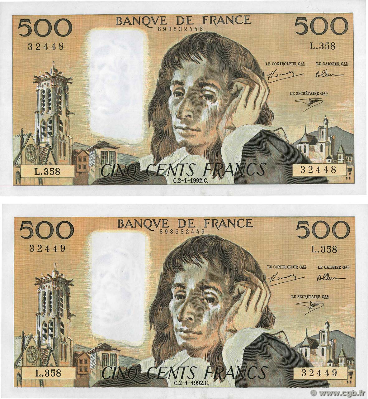 500 Francs PASCAL Consécutifs FRANKREICH  1992 F.71.49 ST