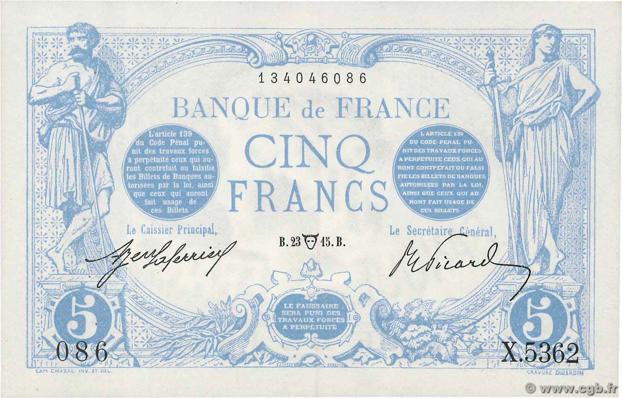 5 Francs BLEU FRANKREICH  1915 F.02.26 fST