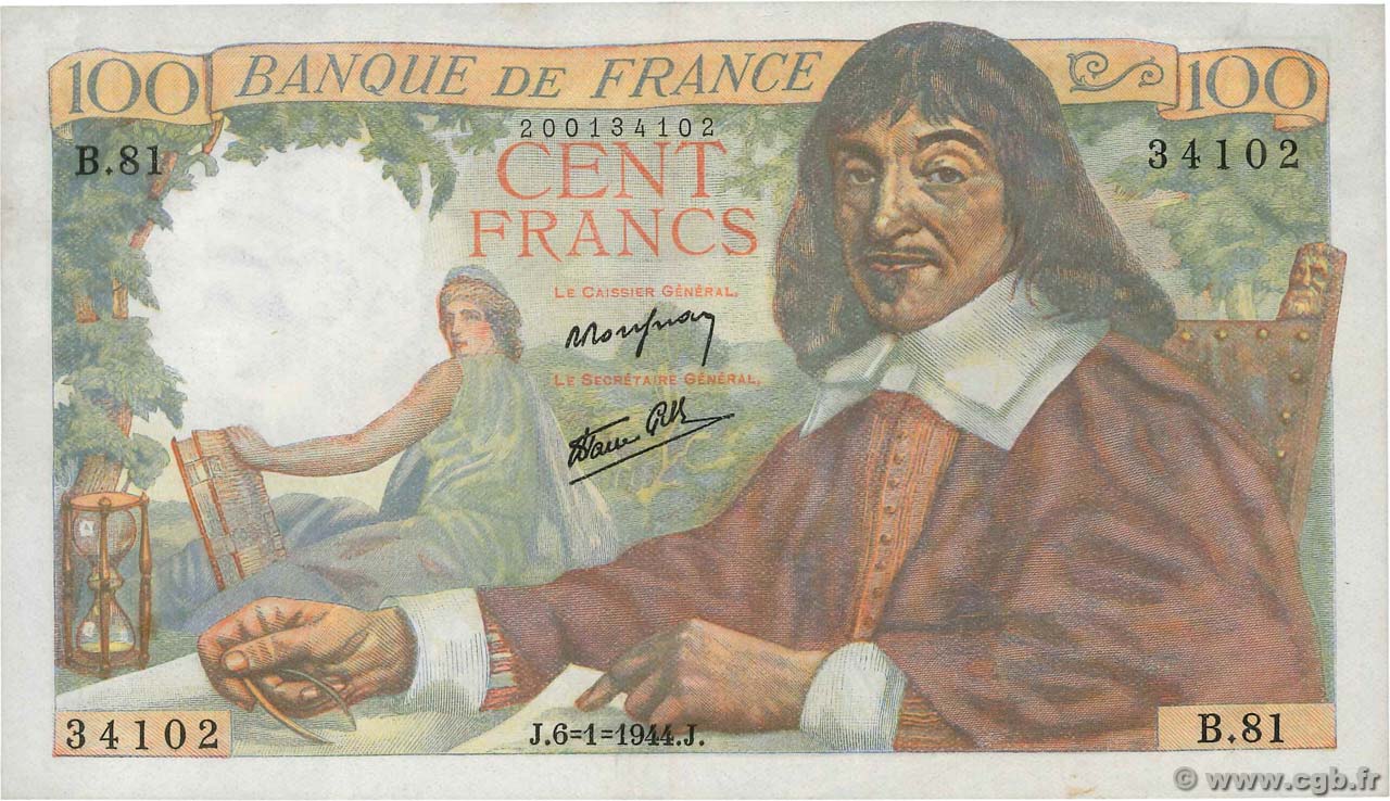 100 Francs DESCARTES FRANCE  1944 F.27.04 AU-