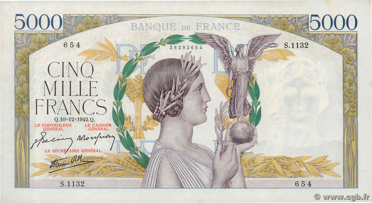 5000 Francs VICTOIRE Impression à plat FRANCE  1942 F.46.45 XF+