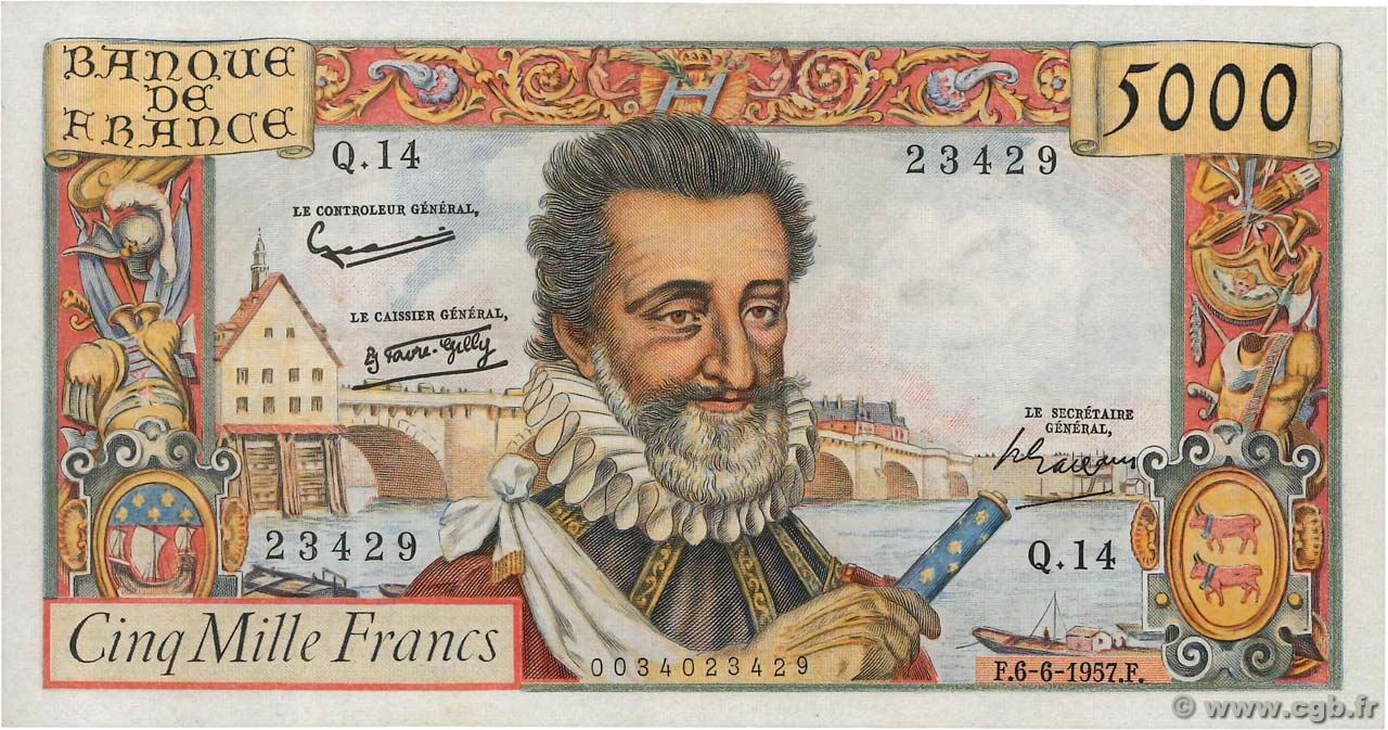 5000 Francs HENRI IV FRANCIA  1957 F.49.02 q.SPL