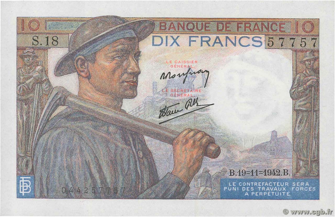 10 Francs MINEUR FRANCE  1942 F.08.05 NEUF