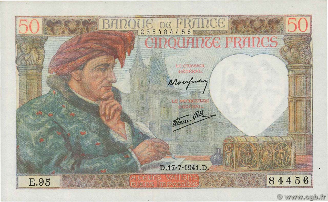 50 Francs JACQUES CŒUR FRANCE  1941 F.19.12 NEUF