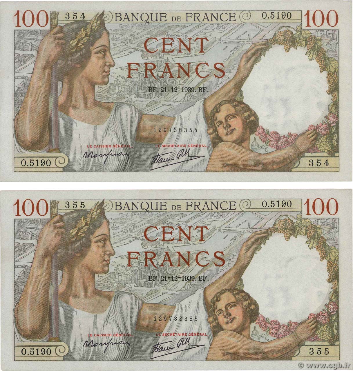 100 Francs SULLY Consécutifs FRANCE  1939 F.26.18 SPL