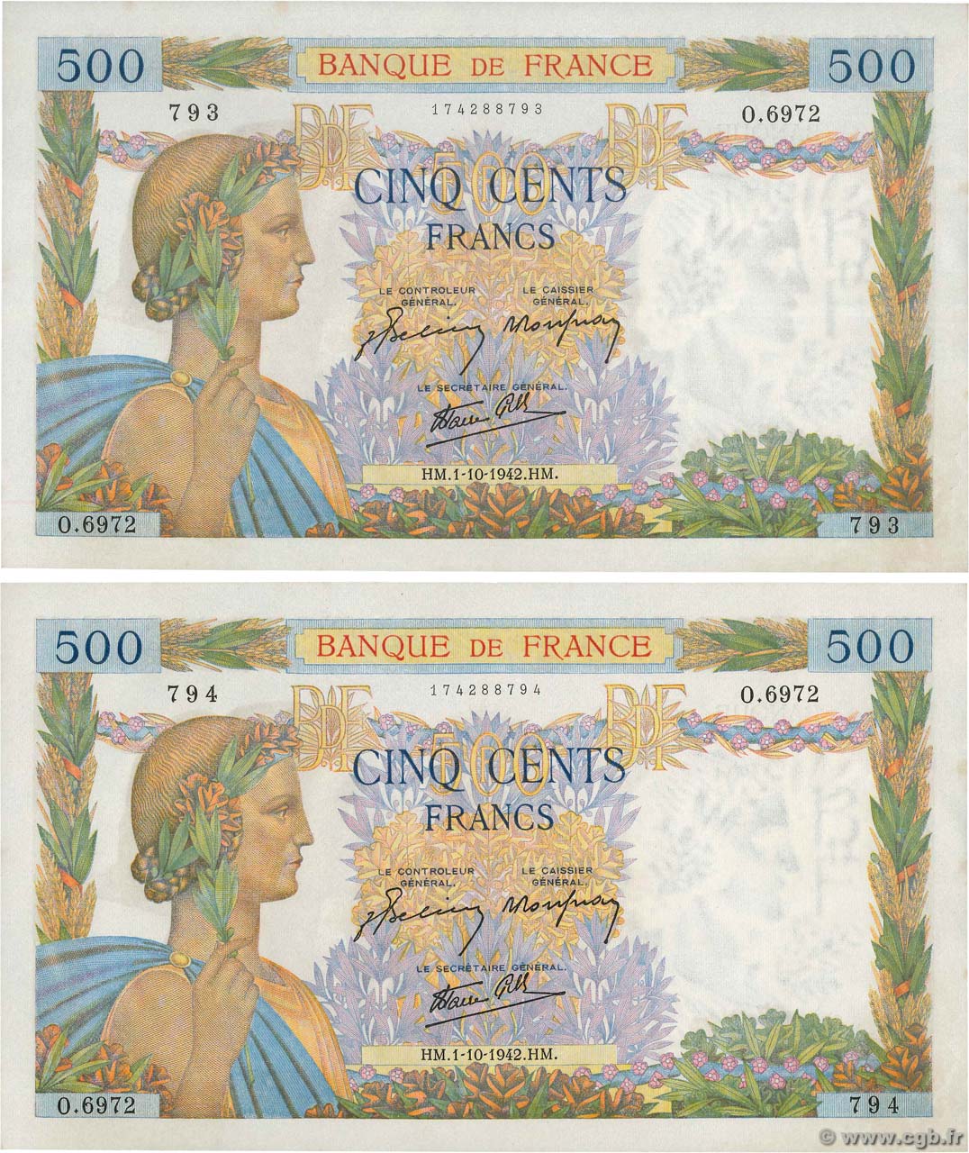 500 Francs LA PAIX Consécutifs FRANCE  1942 F.32.41 UNC-