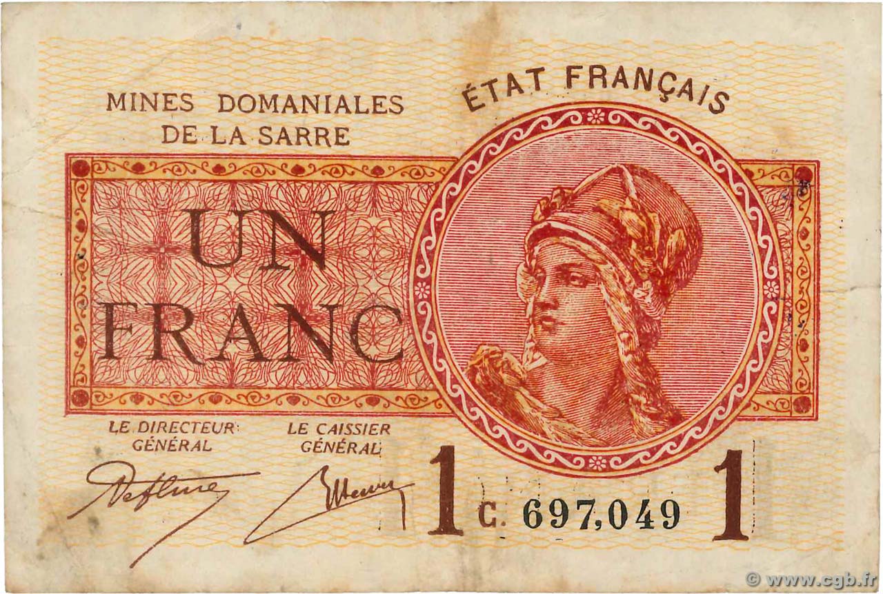 1 Franc MINES DOMANIALES DE LA SARRE FRANCE  1919 VF.51.03 TB