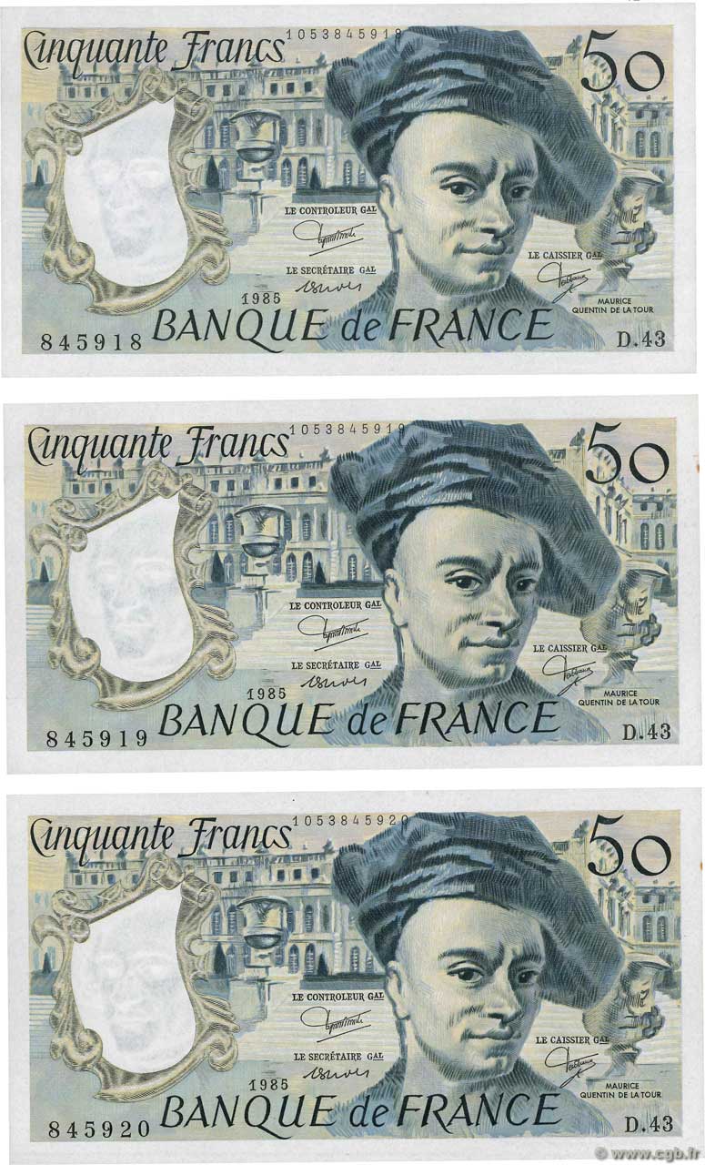 50 Francs QUENTIN DE LA TOUR Consécutifs FRANCE  1985 F.67.11 AU