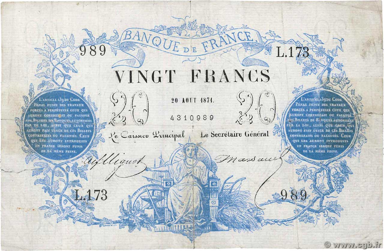 20 Francs type 1871 FRANCE 1871 F.A46.02 TB