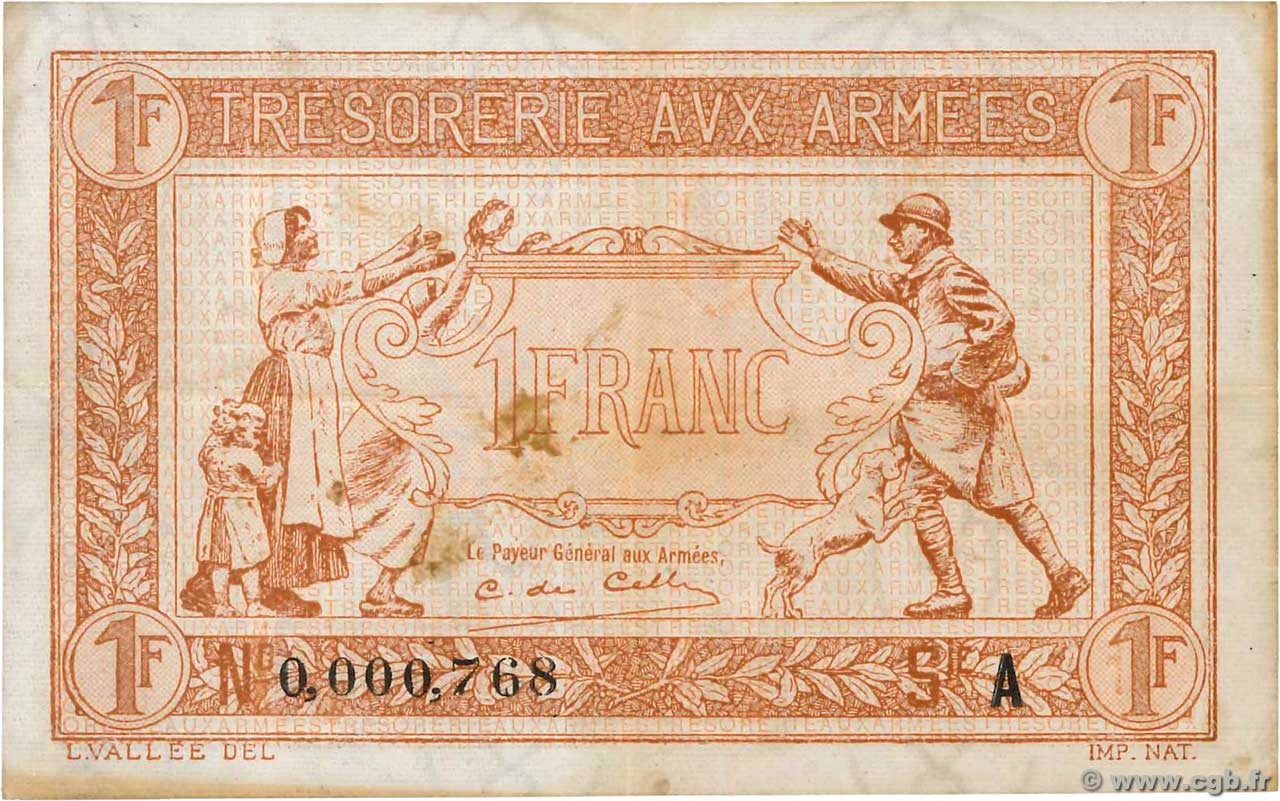 1 Franc TRÉSORERIE AUX ARMÉES 1917 Petit numéro FRANCE  1917 VF.03.01 TTB
