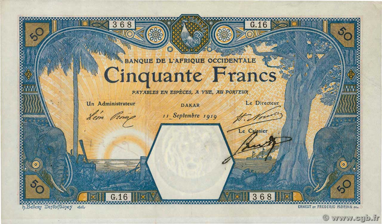 50 Francs FRENCH WEST AFRICA Dakar 1919 P.09Ba XF