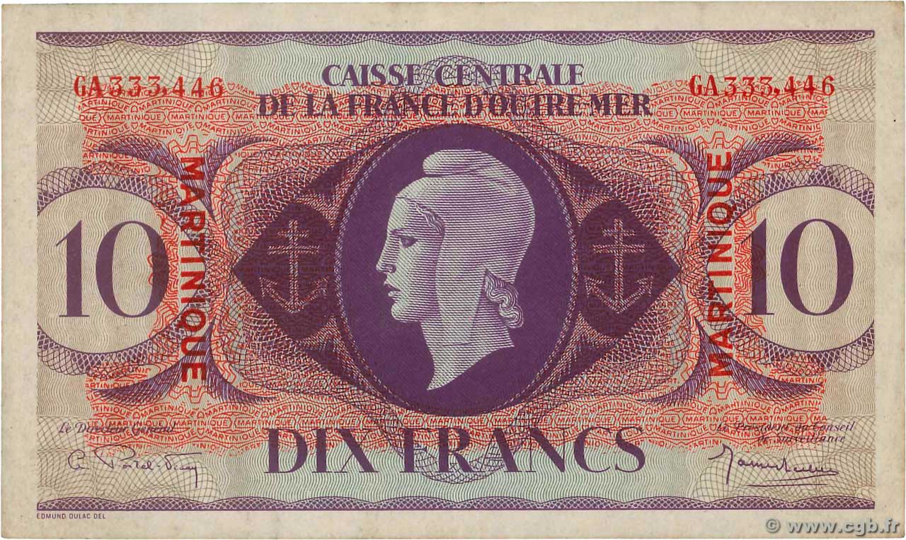 10 Francs Type anglais MARTINIQUE  1944 P.23 TTB+