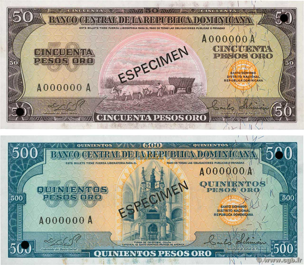 50 et 500 Pesos Oro Spécimen RÉPUBLIQUE DOMINICAINE  1975 P.112s et P.114s1 pr.NEUF
