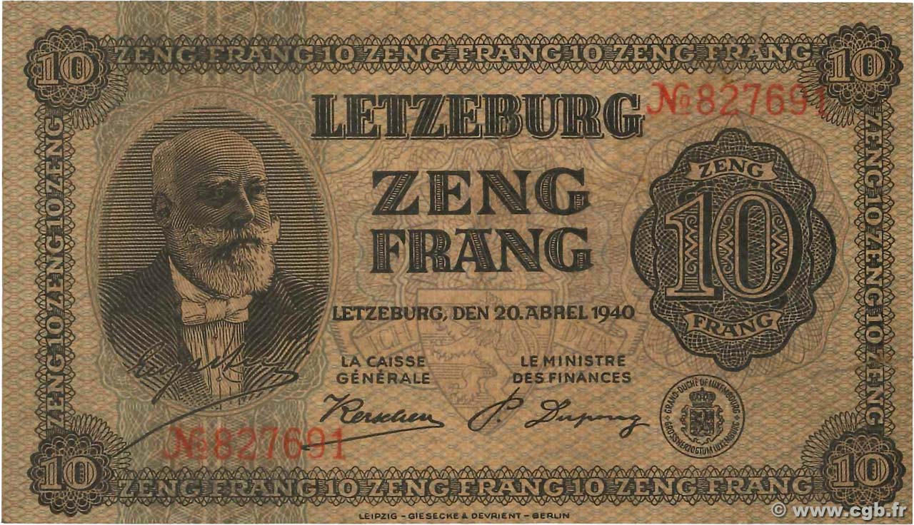 10 Frang Non émis LUXEMBOURG  1940 P.41 XF-