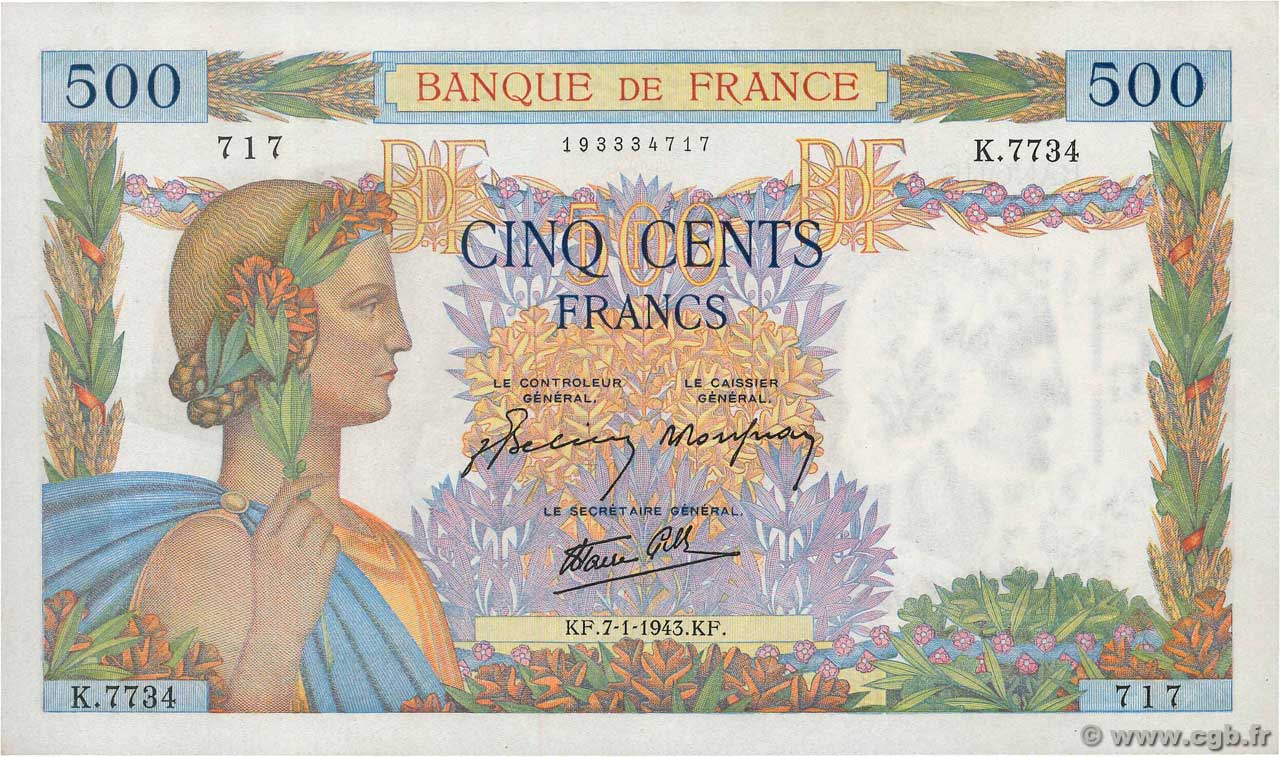 500 Francs LA PAIX FRANCE  1943 F.32.44 SUP+