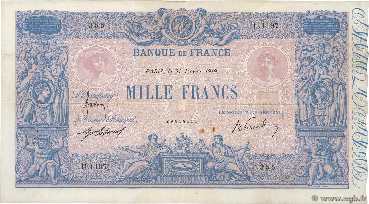 1000 Francs BLEU ET ROSE FRANCE  1919 F.36.33 TTB