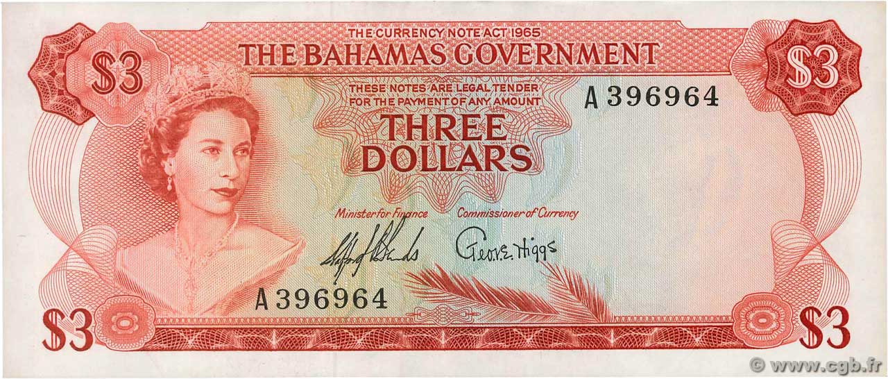 3 Dollars BAHAMAS  1965 P.19a SUP