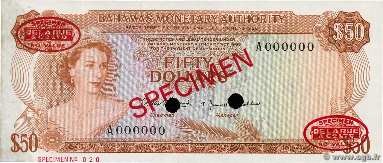 50 Dollars Spécimen BAHAMAS  1968 P.32s SPL