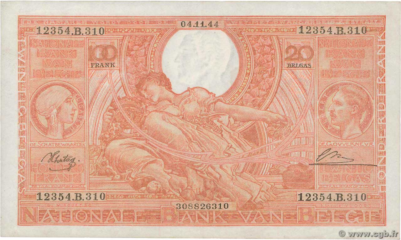 100 Francs - 20 Belgas BELGIQUE  1944 P.114 pr.SUP