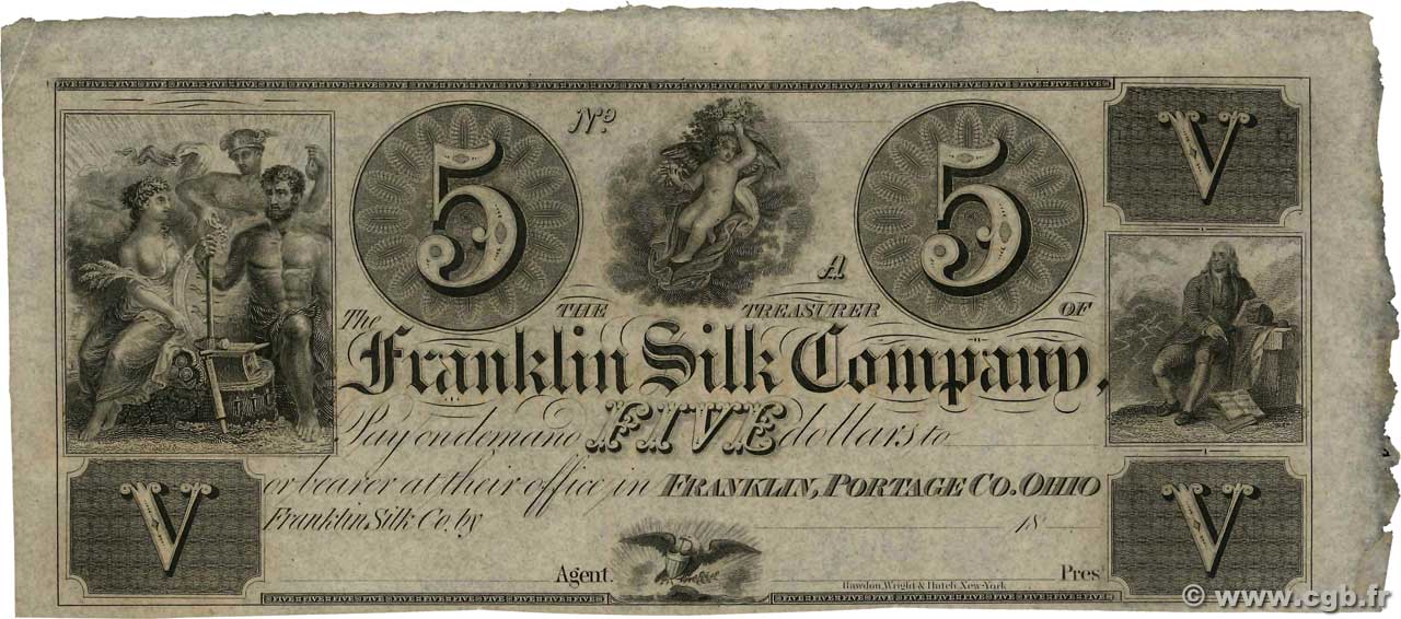5 Dollars Non émis STATI UNITI D AMERICA Franklin 1837 P.- AU+