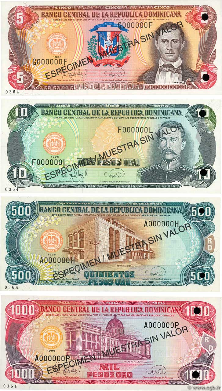 5, 10 et 500 ,1000 Pesos Oro Spécimen RÉPUBLIQUE DOMINICAINE  1996 P.LOT FDC