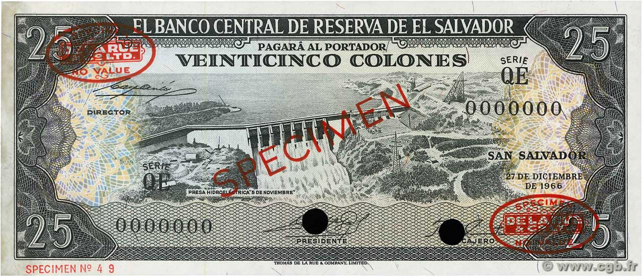25 Colones Spécimen SALVADOR  1970 P.104bs SPL