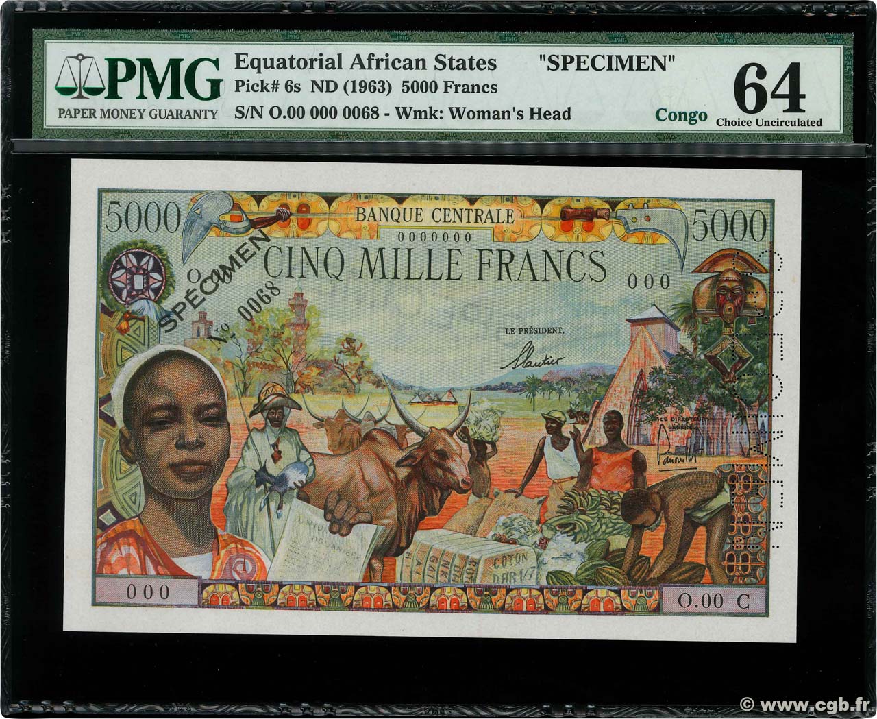 5000 Francs Spécimen ÉTATS DE L AFRIQUE ÉQUATORIALE  1963 P.06cs pr.NEUF
