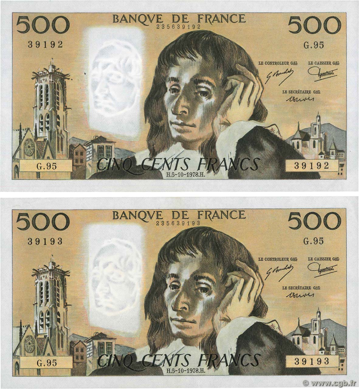 500 Francs PASCAL Consécutifs FRANCE  1978 F.71.18 SUP
