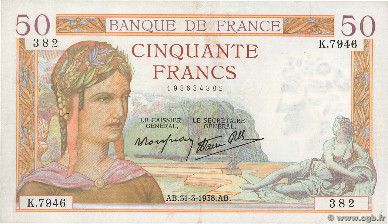 50 Francs CÉRÈS modifié FRANCE  1938 F.18.11 SUP