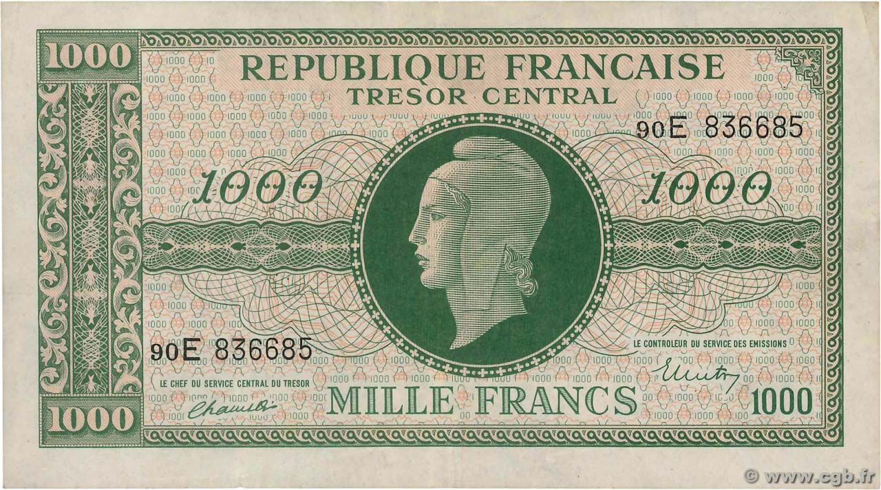 1000 Francs MARIANNE chiffres maigres FRANCE  1945 VF.13.02 TTB
