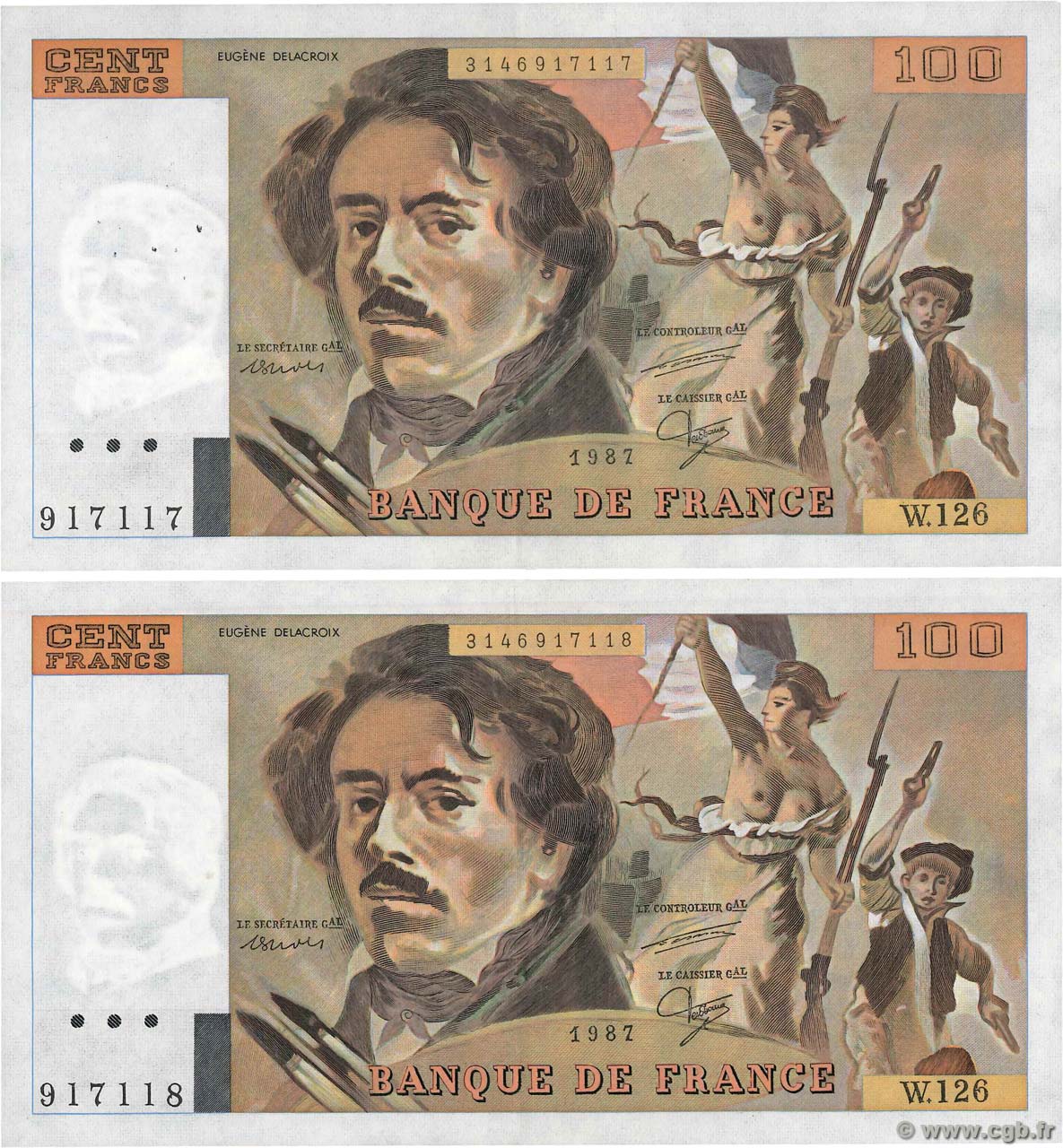 100 Francs DELACROIX modifié Consécutifs FRANCE  1987 F.69.11 SUP+