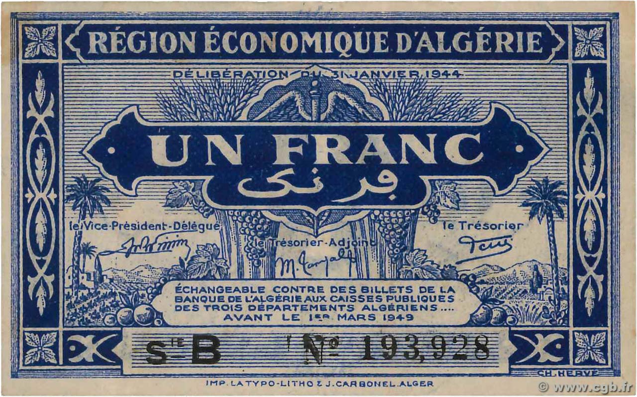 1 Franc ALGÉRIE  1944 P.098a TTB