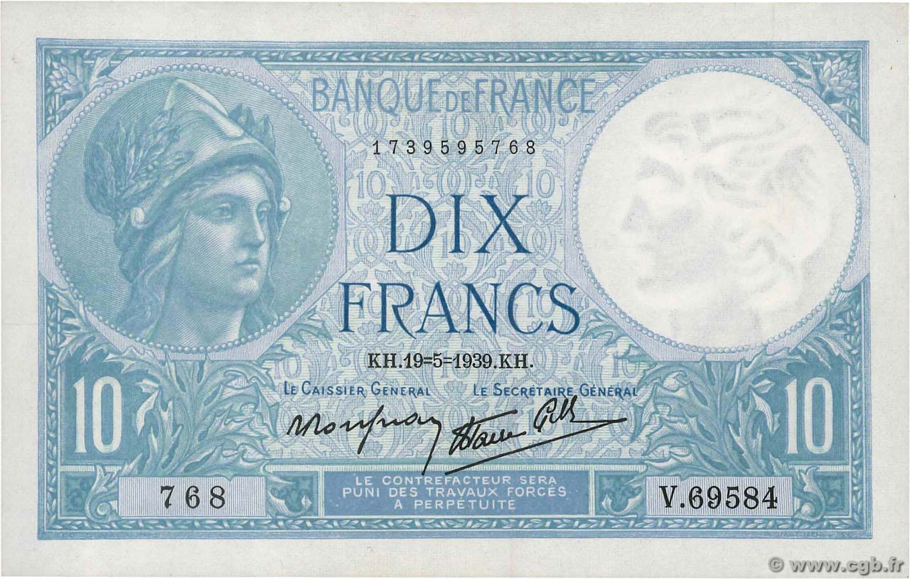 10 Francs MINERVE modifié FRANCE  1939 F.07.03 SUP