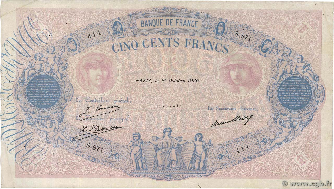 500 Francs BLEU ET ROSE FRANCIA  1926 F.30.29 BC+