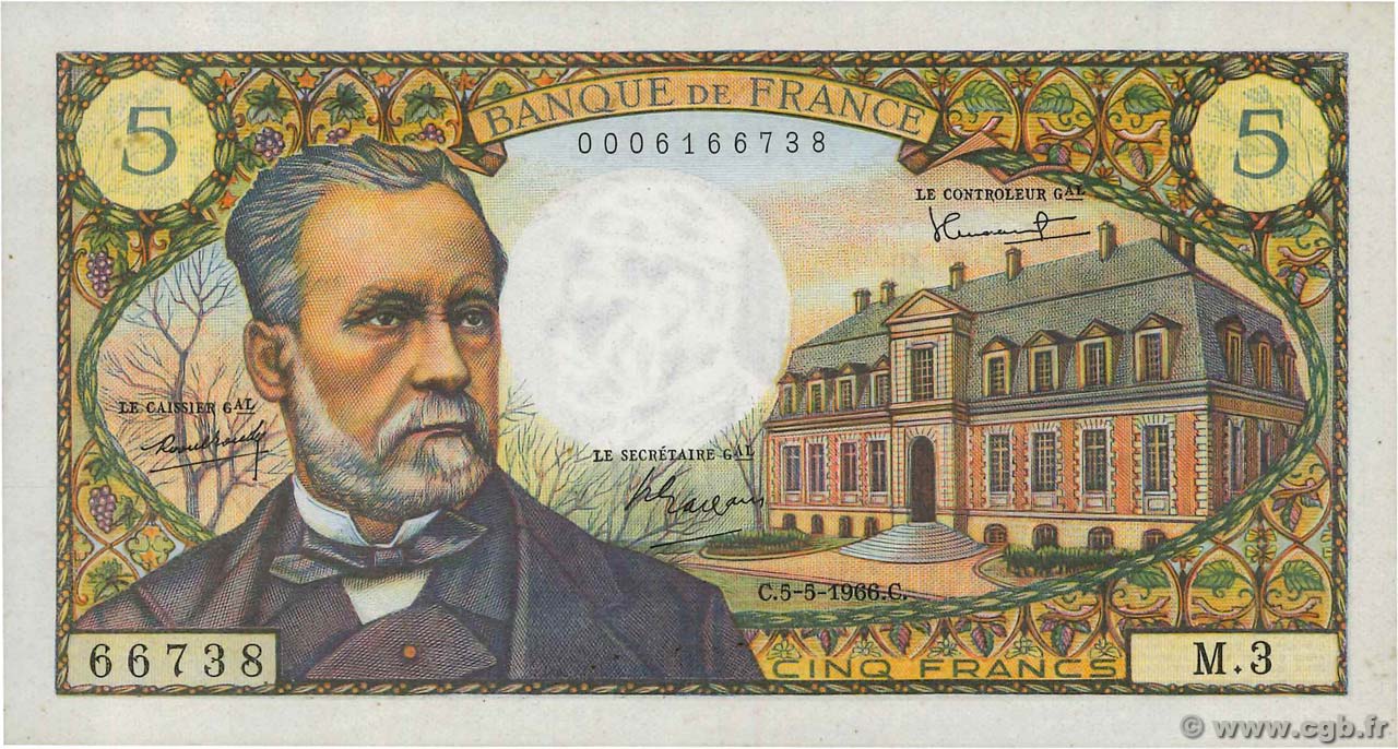5 Francs PASTEUR FRANCIA  1966 F.61.01 q.AU