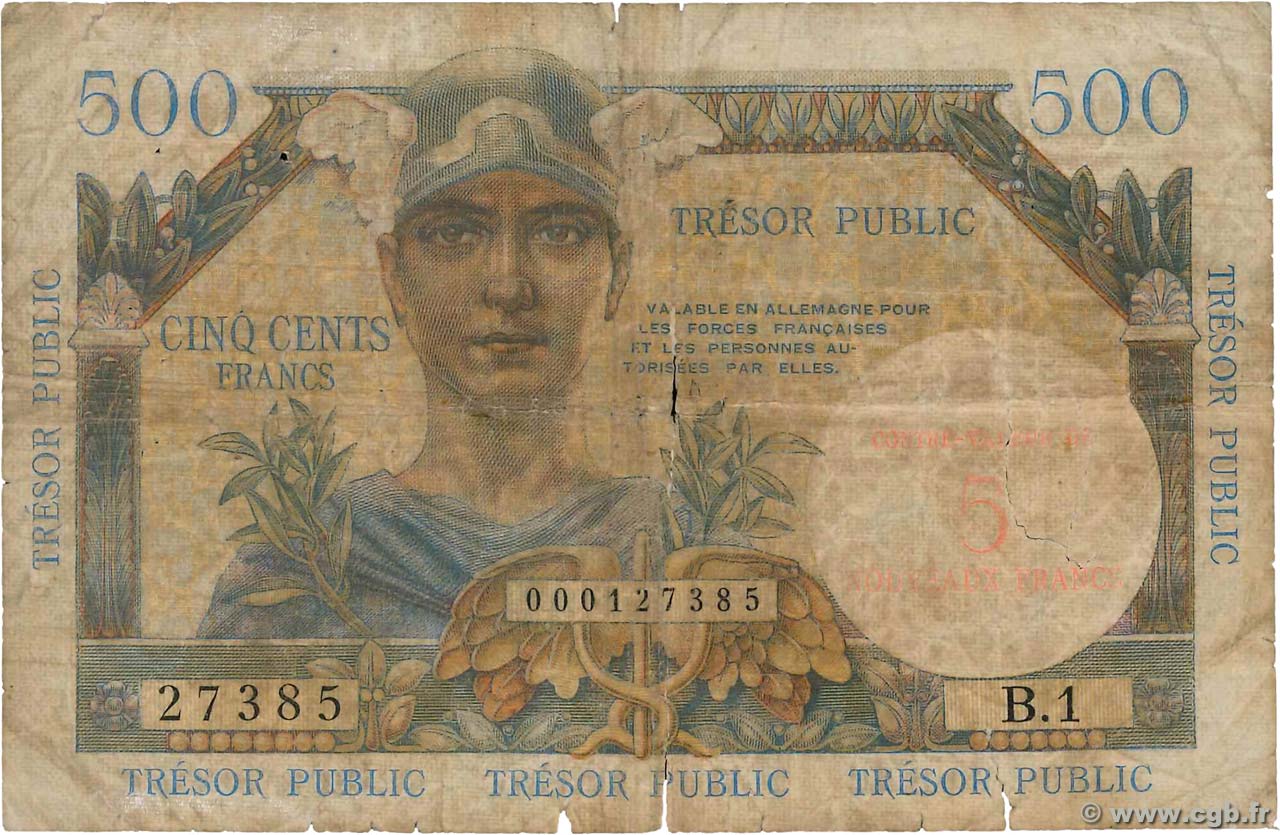 5NF sur 500 Francs TRÉSOR PUBLIC FRANCE  1960 VF.37.01 pr.B
