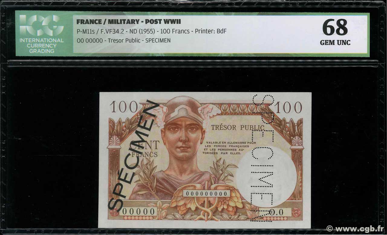 100 Francs TRÉSOR PUBLIC Spécimen FRANCE  1955 VF.34.00S UNC
