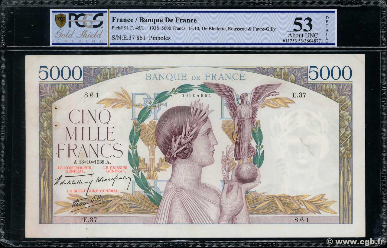 5000 Francs VICTOIRE modifié, taille douce FRANCIA  1938 F.45.01 MBC+