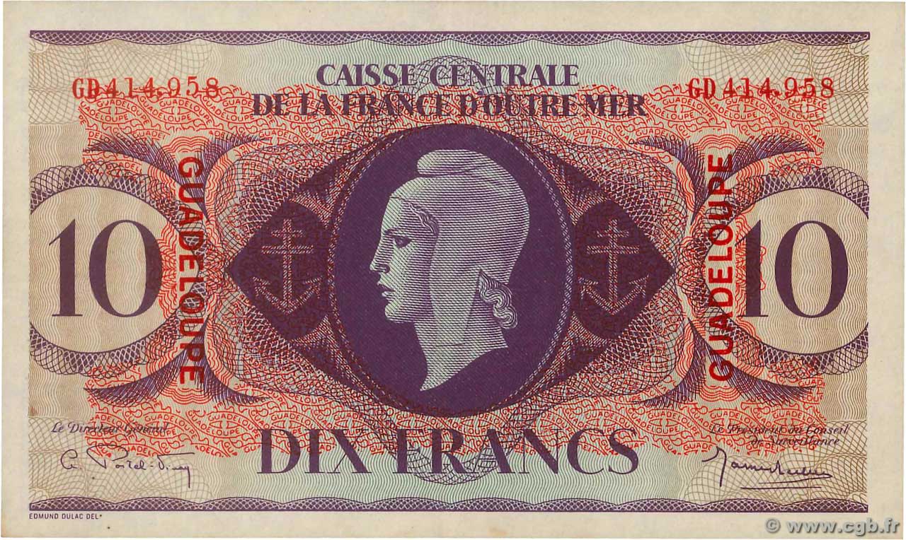 10 Francs Type anglais GUADELOUPE  1944 P.27a SPL+
