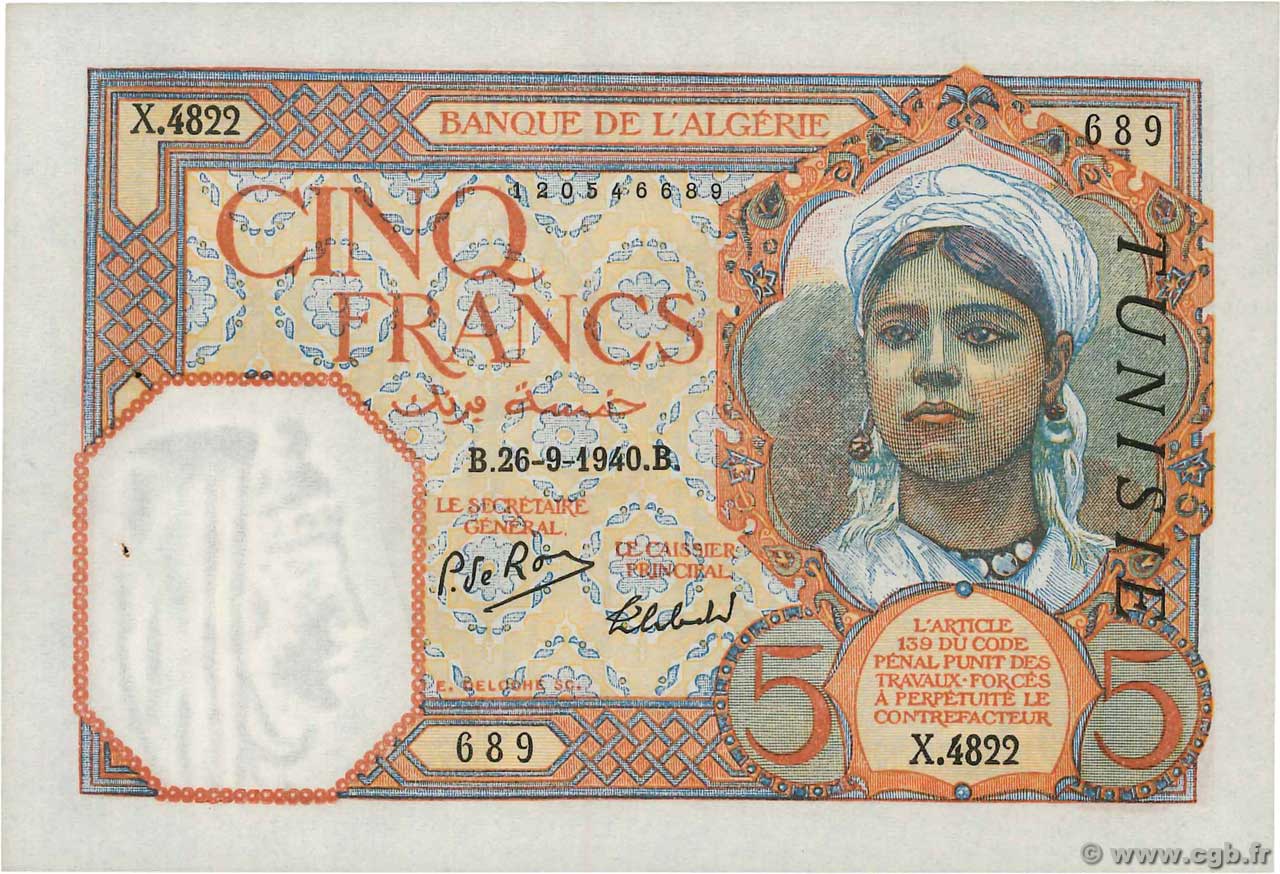 5 Francs TúNEZ  1940 P.08b EBC+