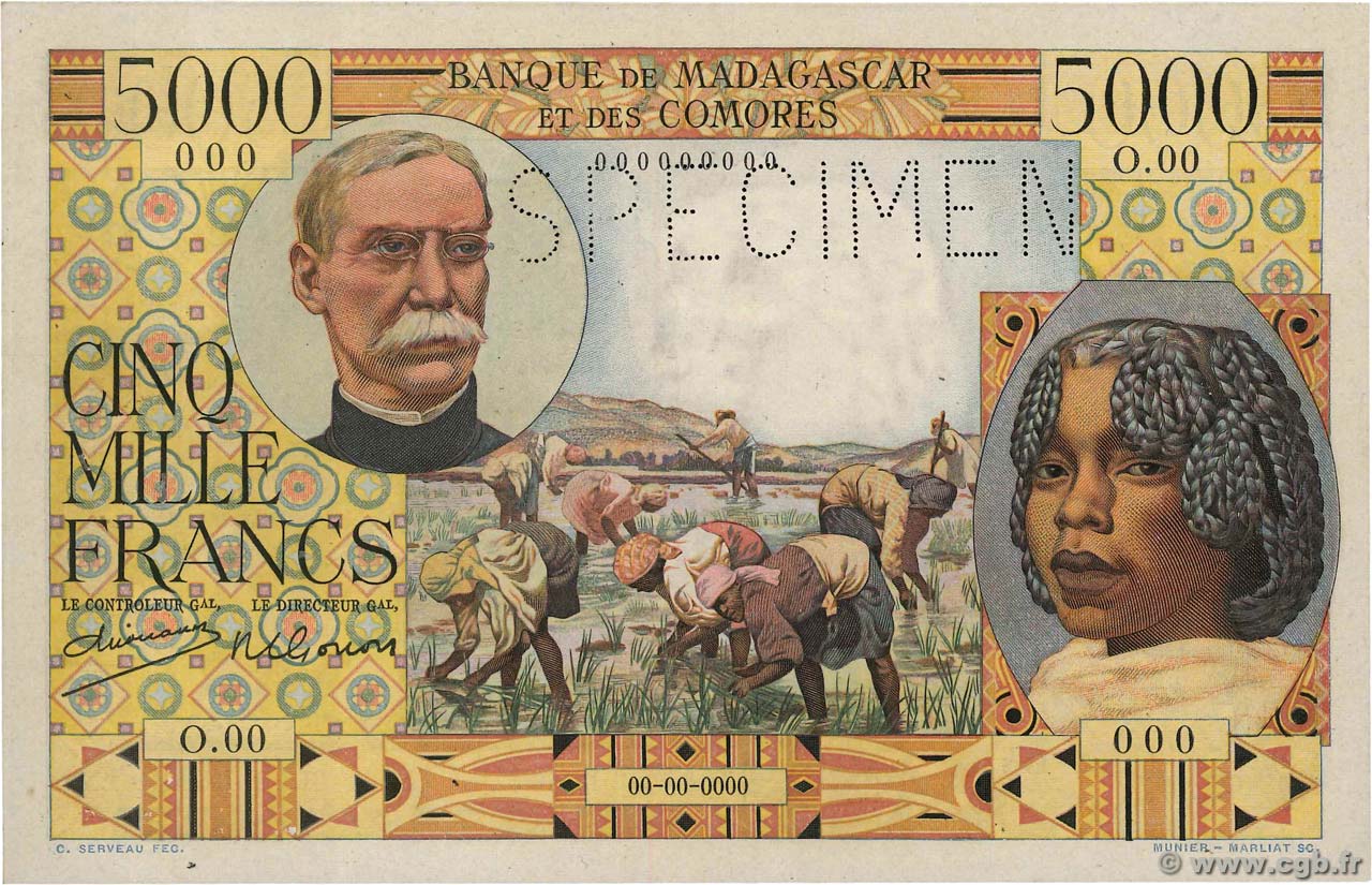 5000 Francs Spécimen MADAGASCAR  1950 P.049as q.FDC
