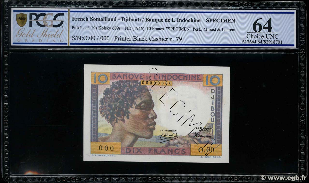 10 Francs Spécimen DJIBOUTI  1946 P.19s pr.NEUF