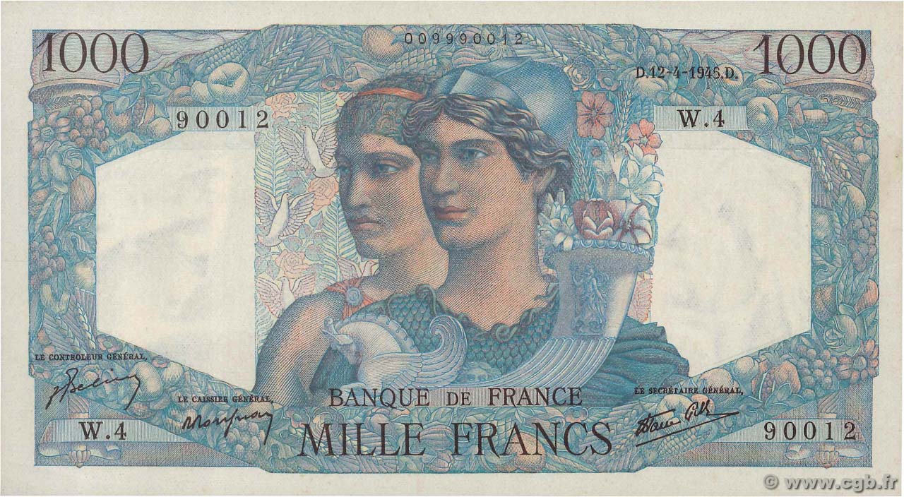 1000 Francs MINERVE ET HERCULE FRANCIA  1945 F.41.01 AU+